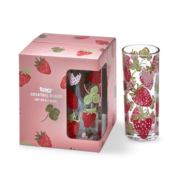 box set of strawberry glasses with a single strawberry glass set next to it.