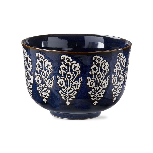 blue serving bowl with floral pattern.