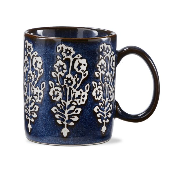 blue mug with floral pattern.