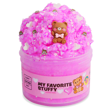 peachybbies slime container filled with pink slime, bear charms, sprinkles, and heart sprinkles. note this is slime and not food