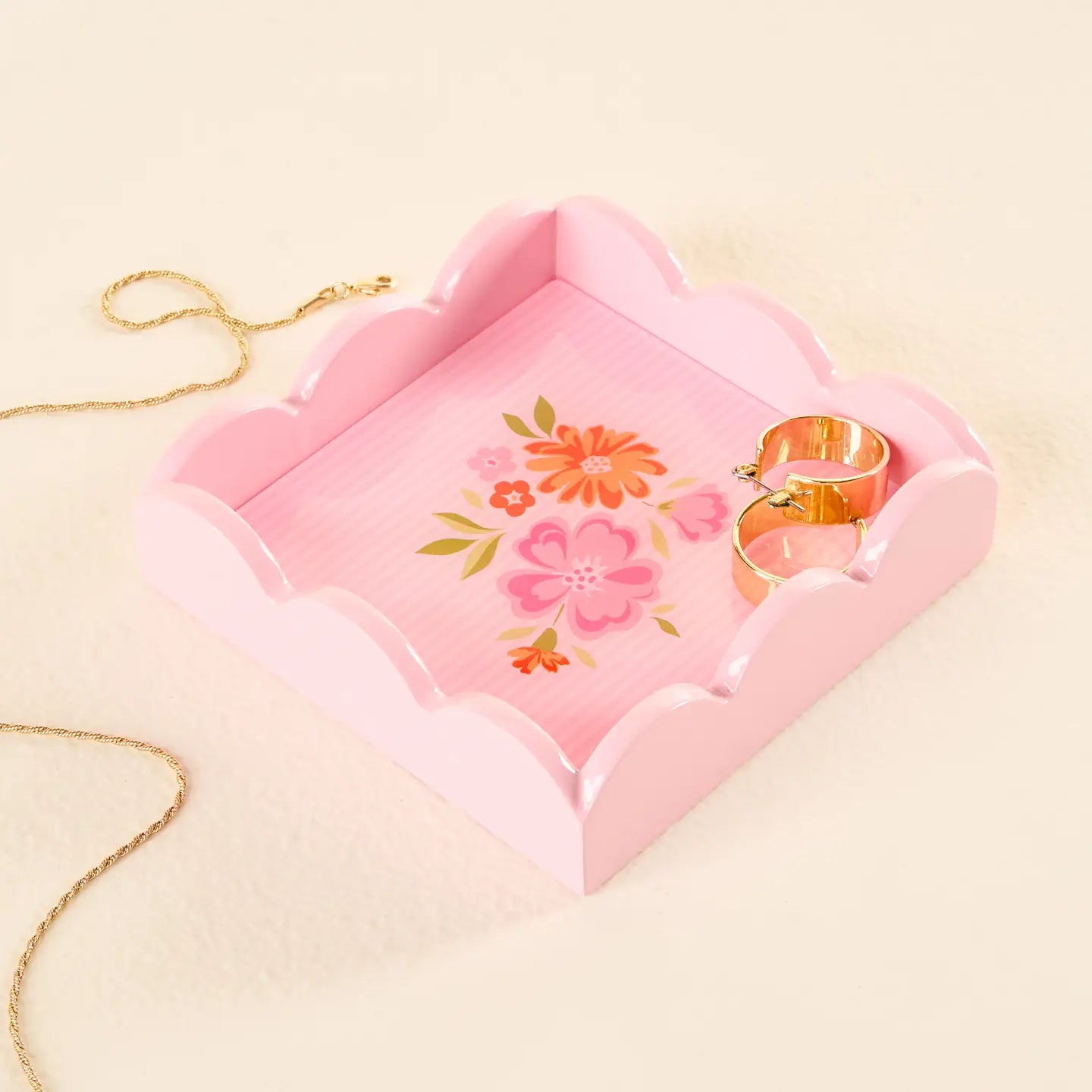 Dainty Blush Floral Scallop Trinket Tray with jewelry in and around it