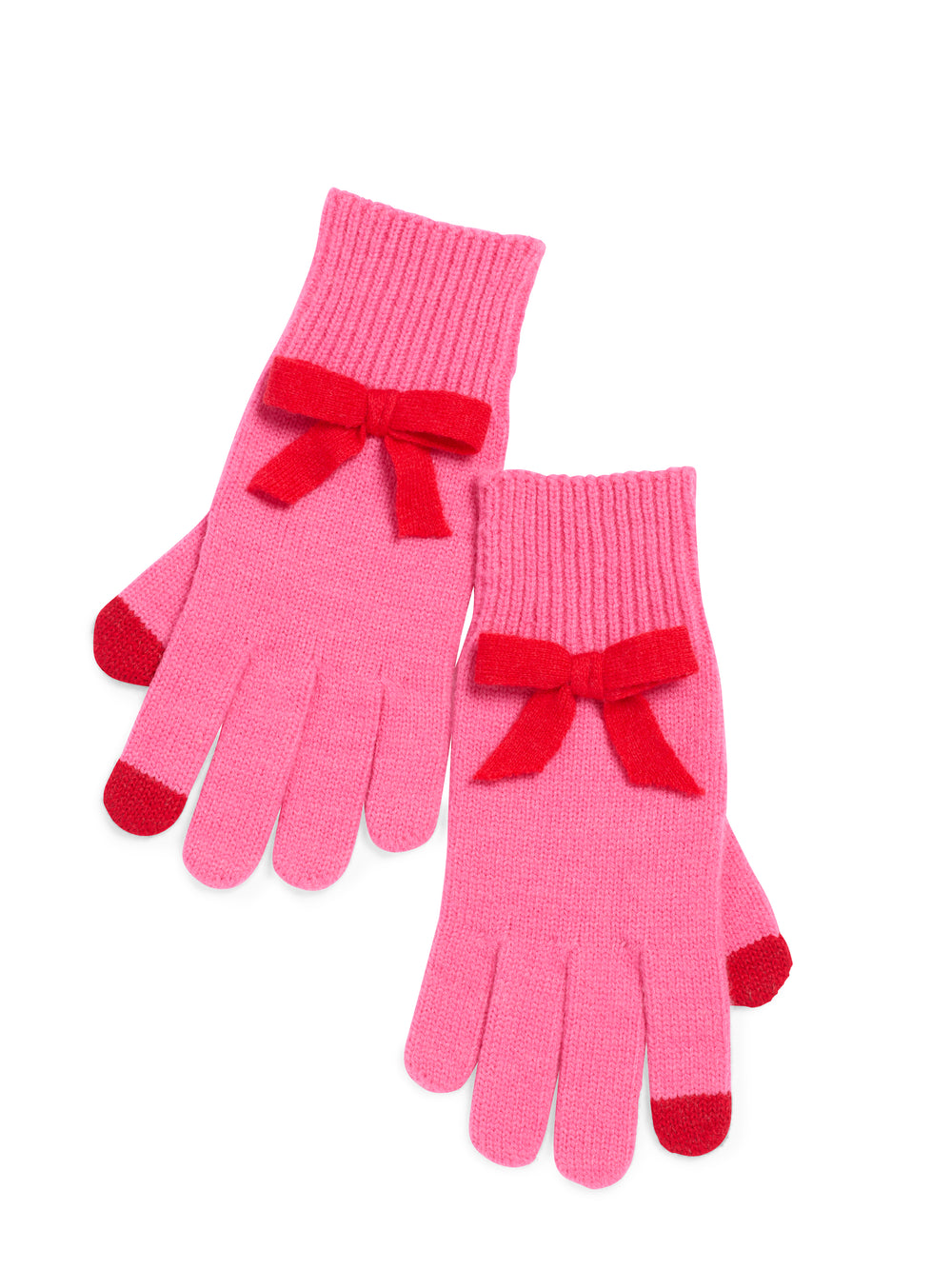 pink gloves with red thumb tips, red index red tips, and red bow