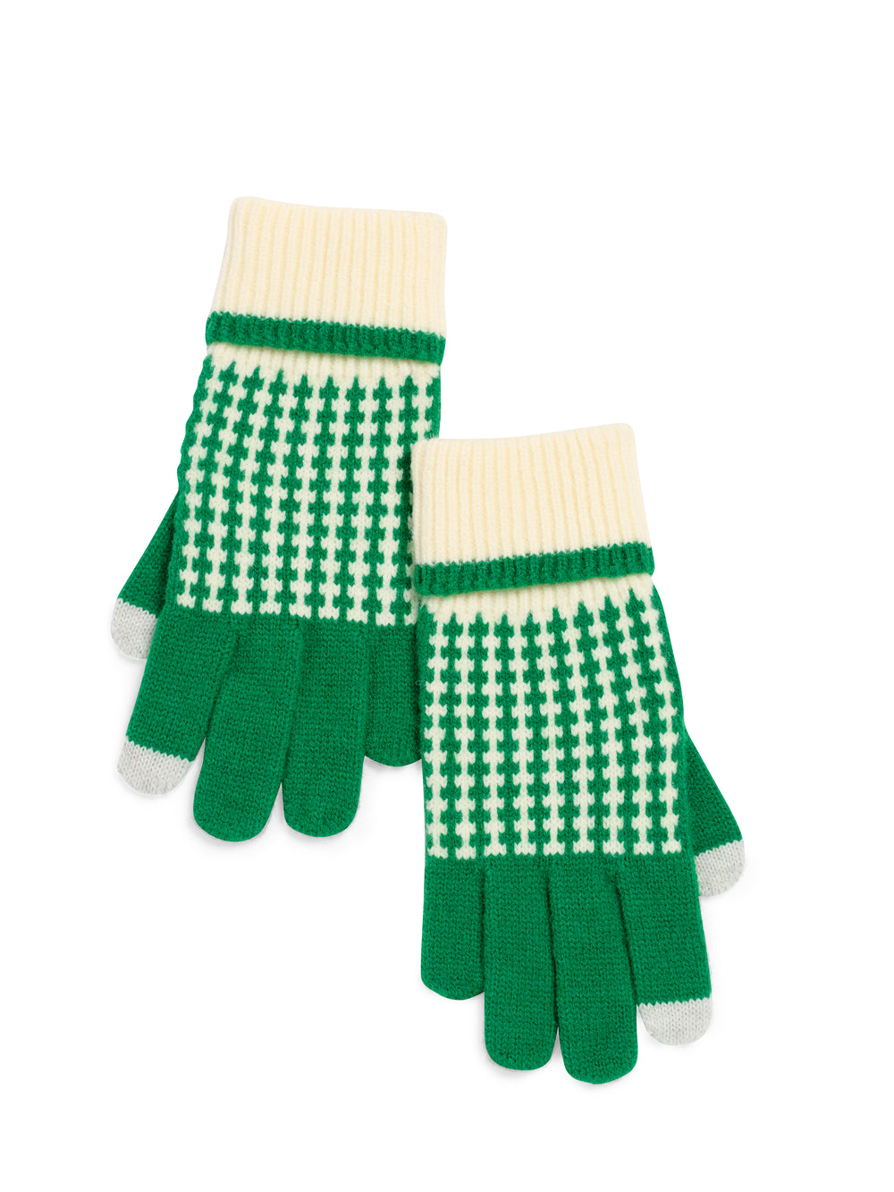green and cream houndstooth pattern gloves with cream cuff