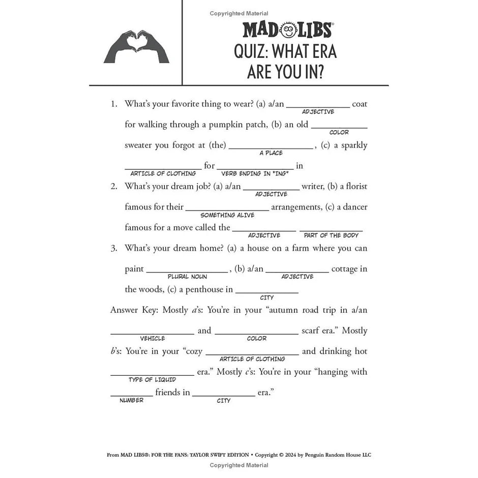 Mad Libs quiz worksheet with text and logo on a white background