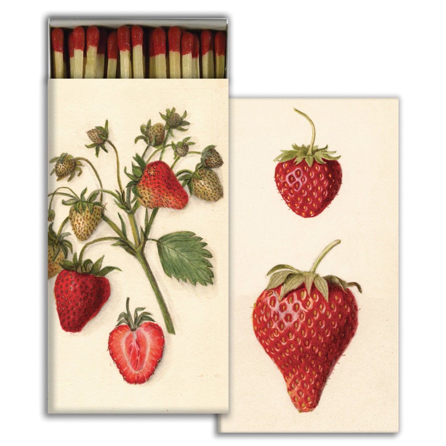 strawberry match box open showing red tip matches inside with another box of matches showing the reverse side