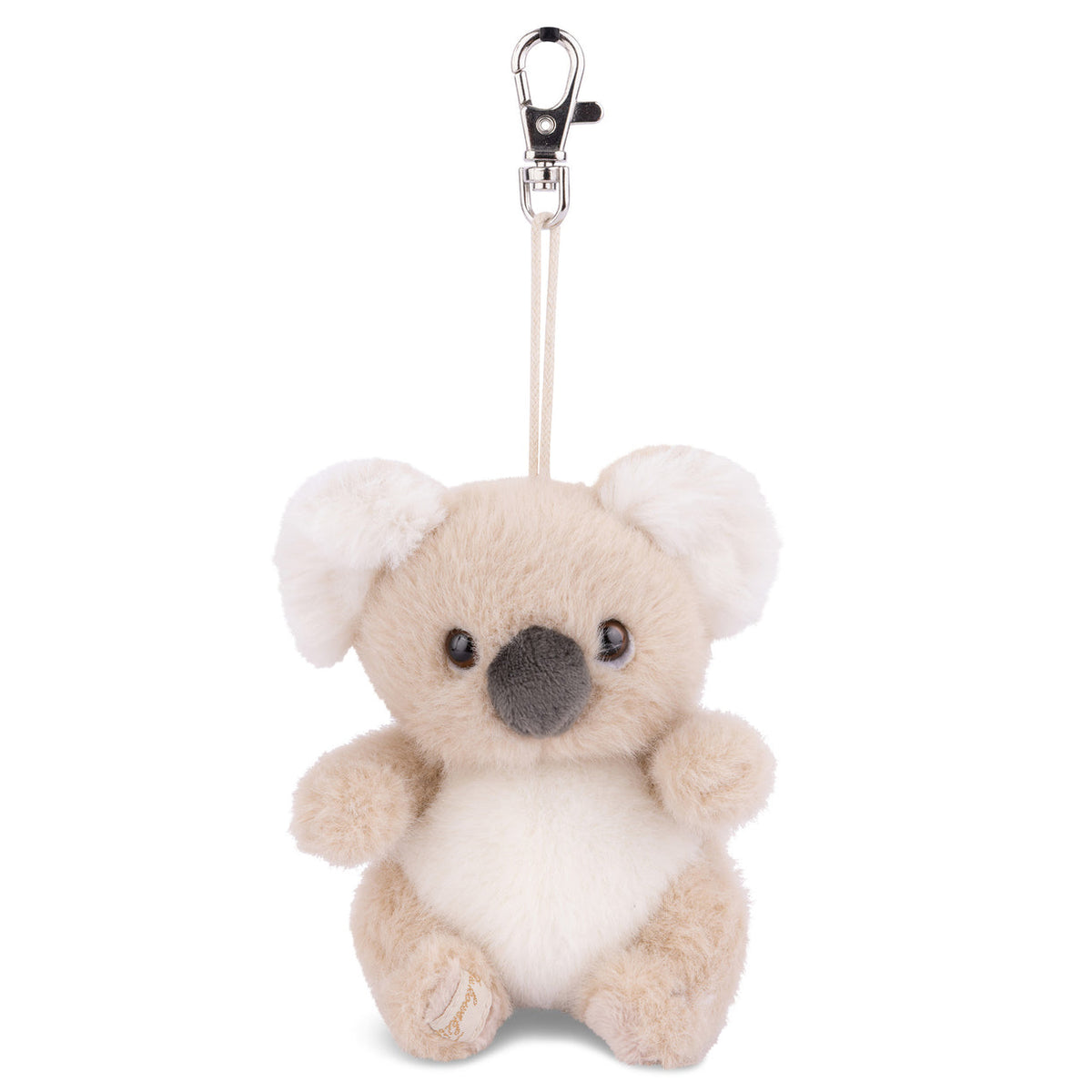 A plush koala keychain charm in beige and cream with a dark gray snout, attached to a white strap and silver metal clasp, shown on a plain white background.