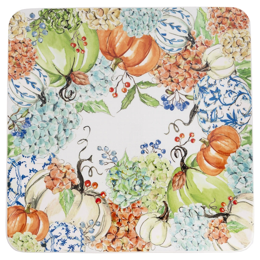 Square Platter with a boarder of blue and white hydrangeas, green and orange pumpkins, and red berries
