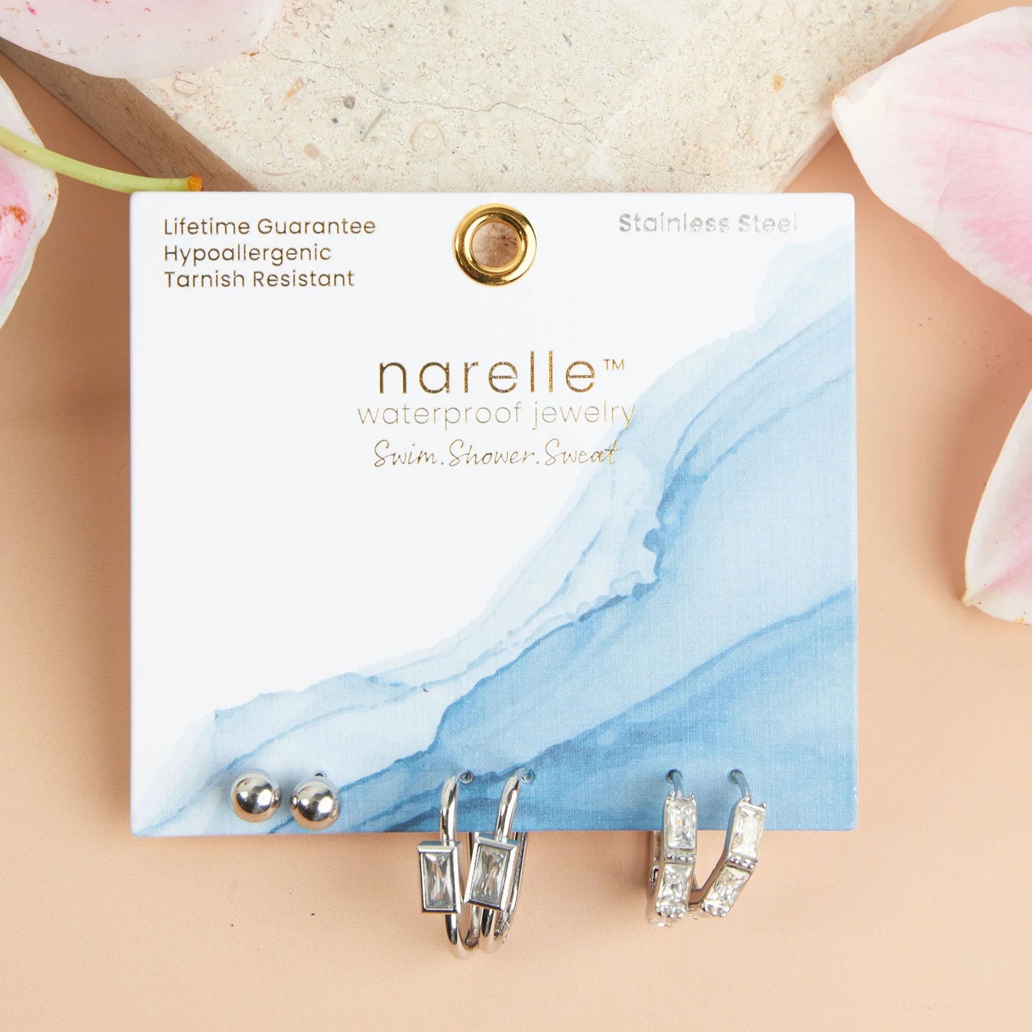silver Narelle Waterproof Rectangle Hoop Earring Trio on their card packaging