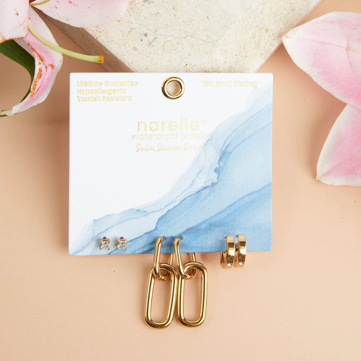 Narelle - Waterproof Double Linked Hoop Earring Trio, Gold