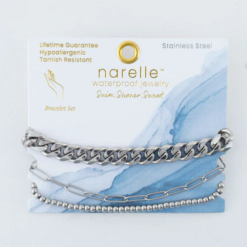silver Waterproof Curb Chain Bracelet Set on its card packaging