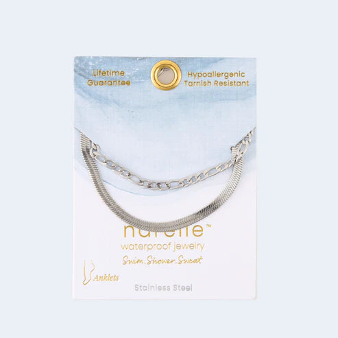silver Waterproof Row Snake Chain Anklet on its card packaging
