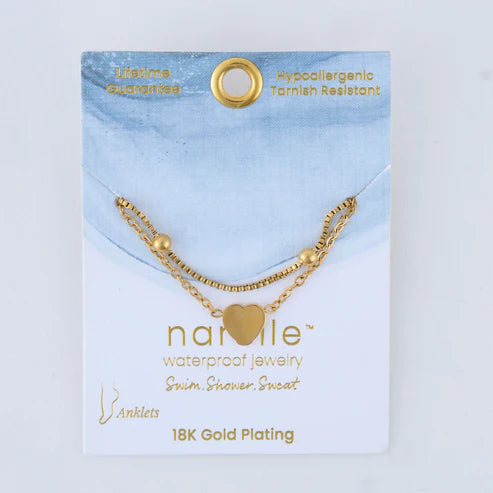 gold Waterproof Multi Row Heart Anklet on its card packaging