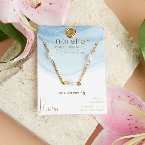 gold Waterproof Pearl Anklet on its card packaging