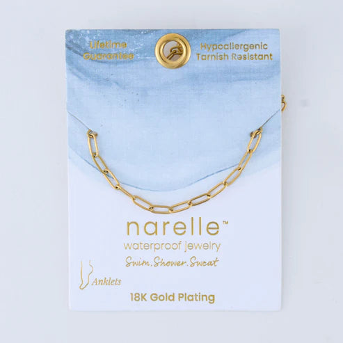 gold Waterproof Paperclip Anklet on its card packaging