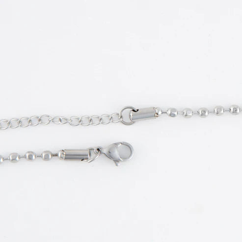 close-up of clasp on silver Waterproof Ball Chain Necklace