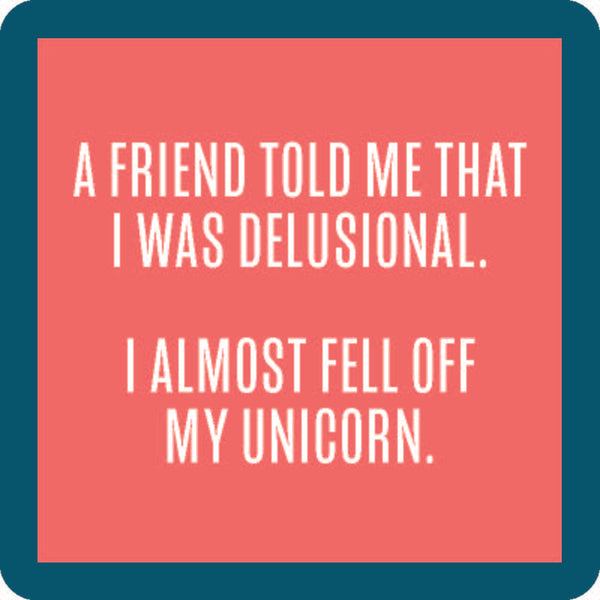 fell off unicorn coaster of dark pink with blue trim and white text listed in the description