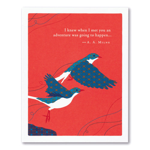 front of card is red with two blue birds flying across the front and white text listed in the title