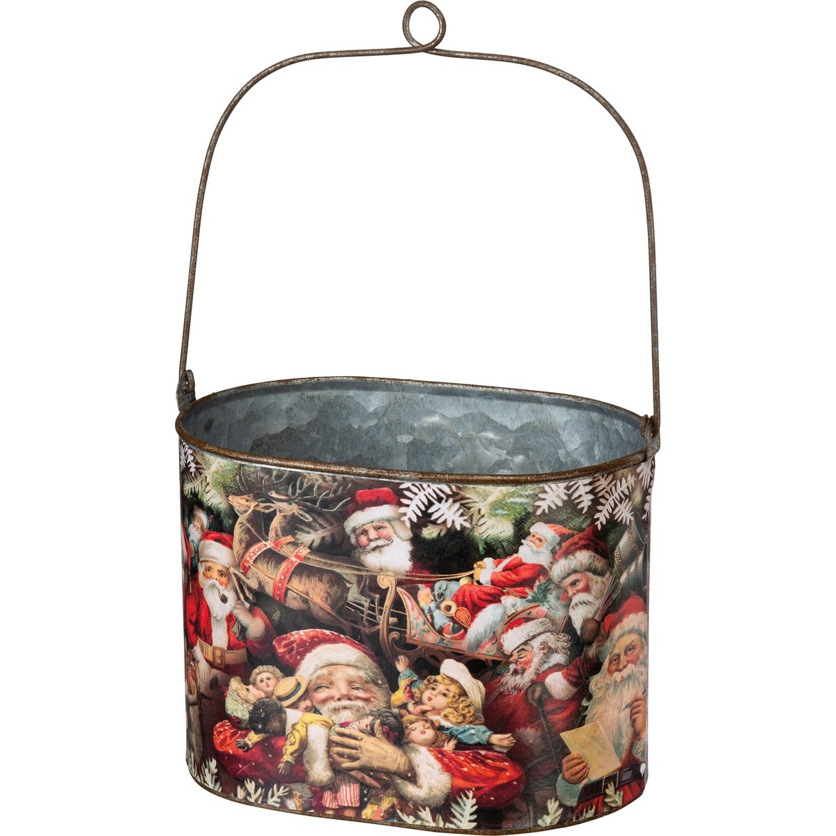A vintage-style metal bucket with a handle, featuring a detailed Christmas print of Santa Claus and toys on the front, set against a plain white background.