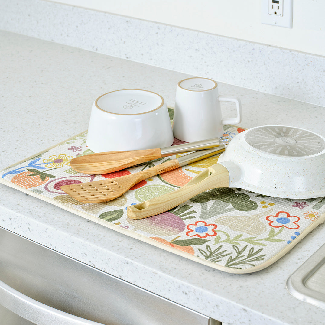 1 farm stand dish mat with kitchen items drying on it