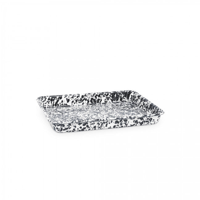 small enameled tray with black splatter pattern.