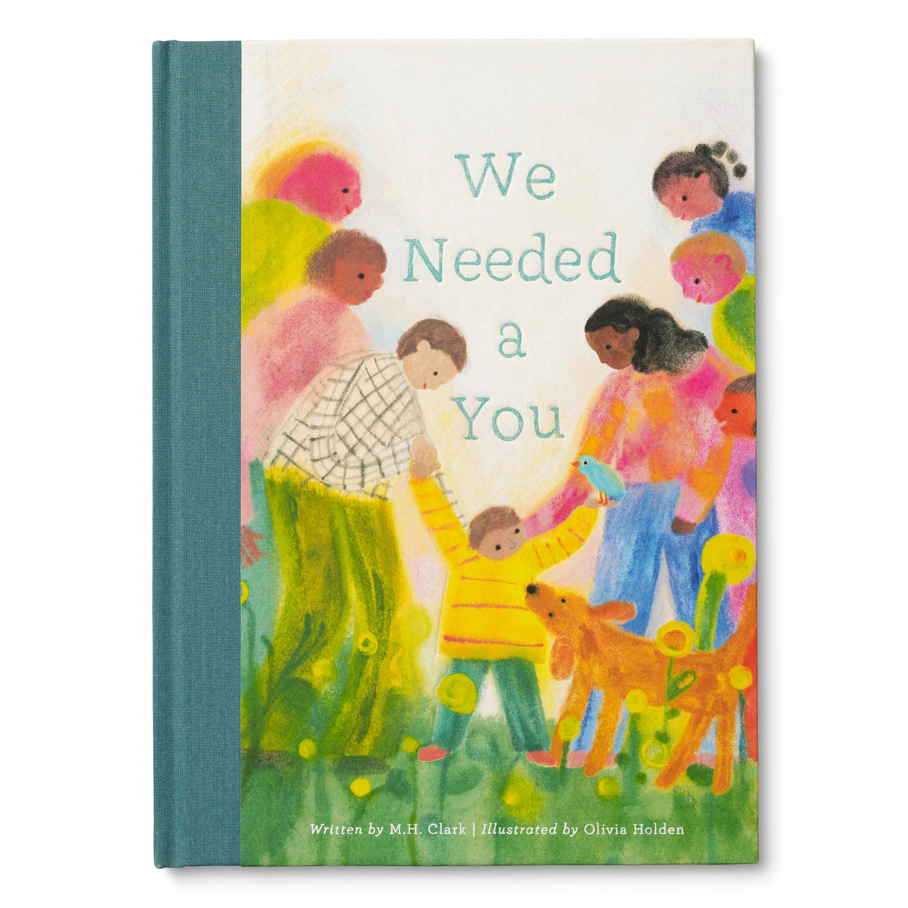 book cover featuring a family surrounding a child and light blue title text