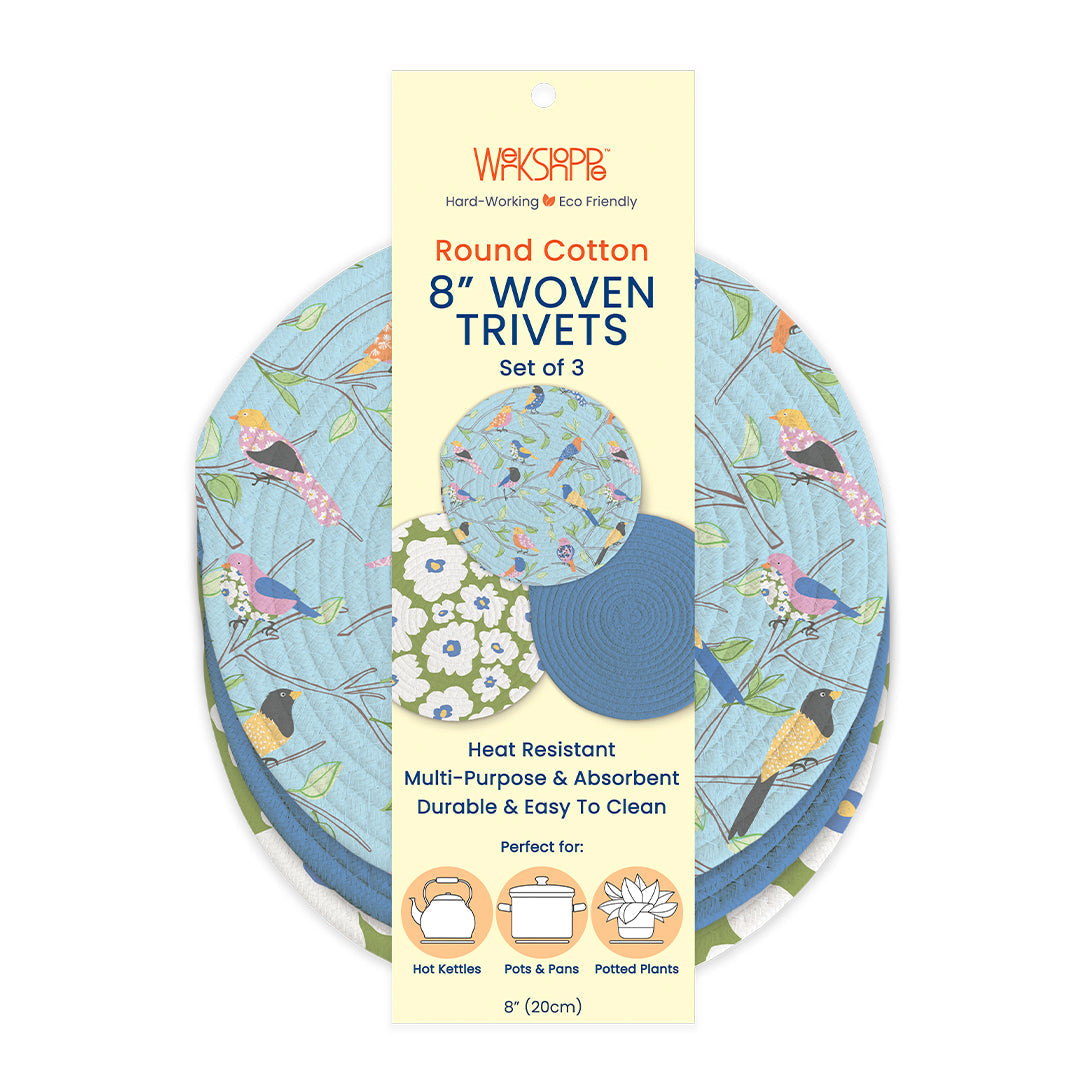 3 flroal finch and friends trivets in their packaging