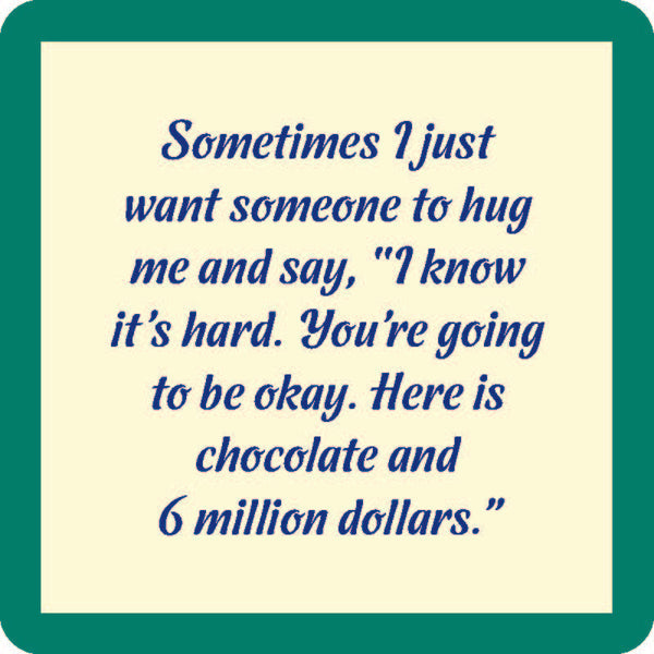 6 million dollars coaster is white with teal boarder and blue text listed in the description