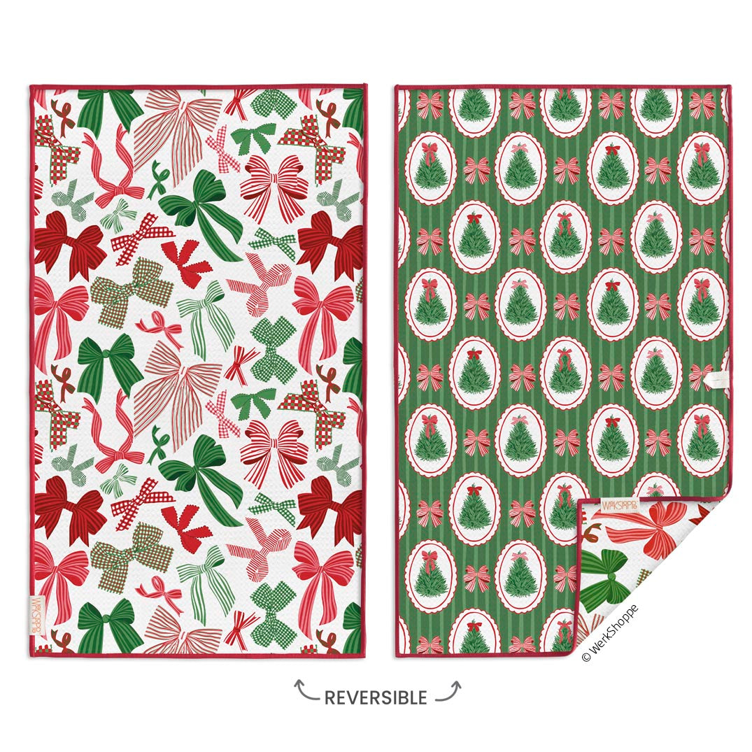 all the bows dishtowel front view and back view on a white background