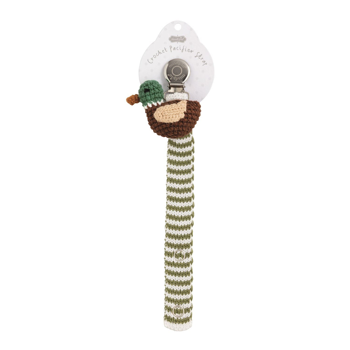 green and white crochet pacy holder with a crochet mallard duck