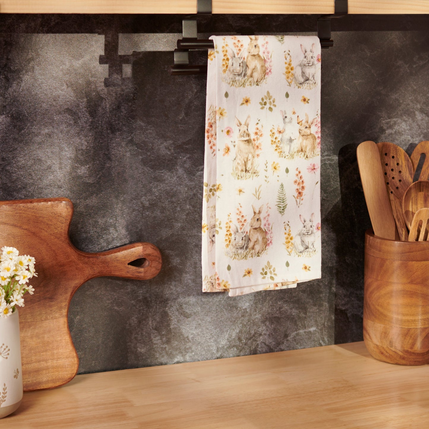 flower bunny kitchen towel hanging in a kitchen