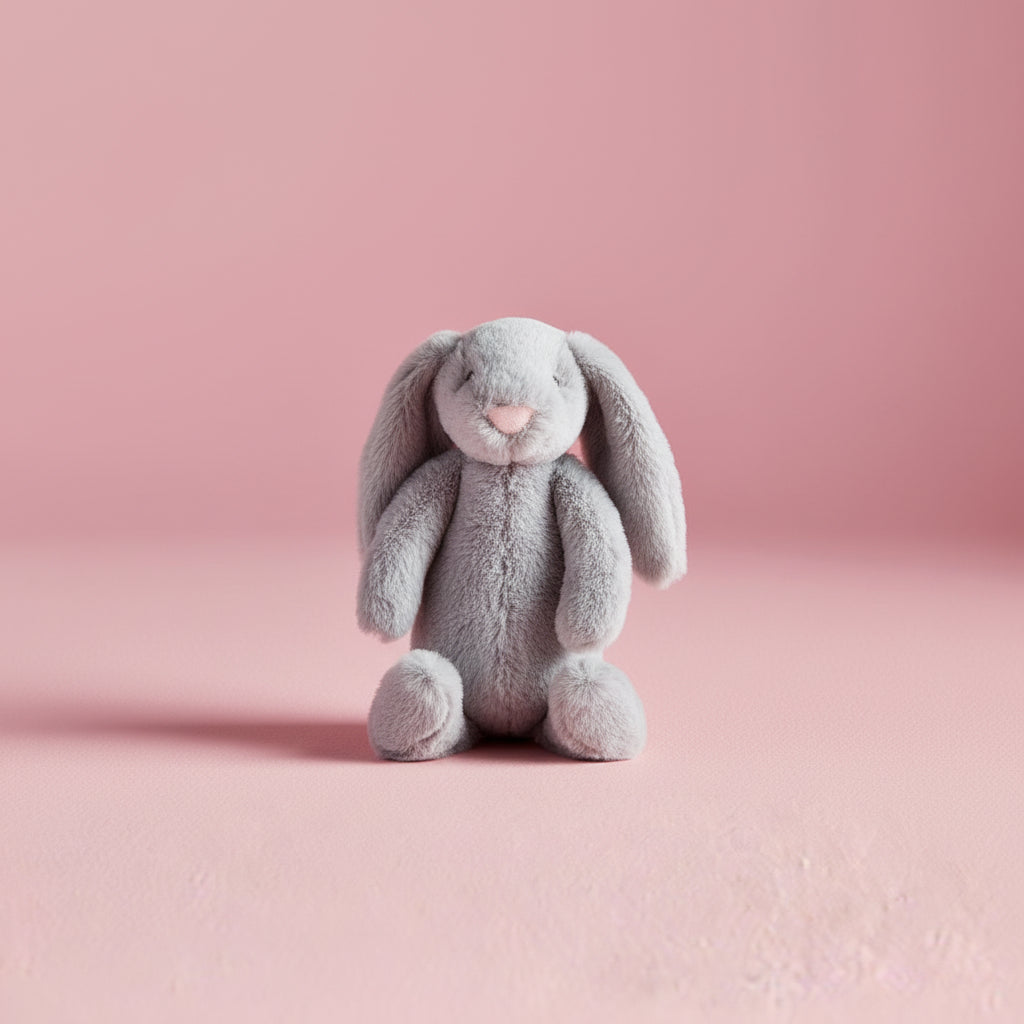 light grey plush bunny seated on a pink background