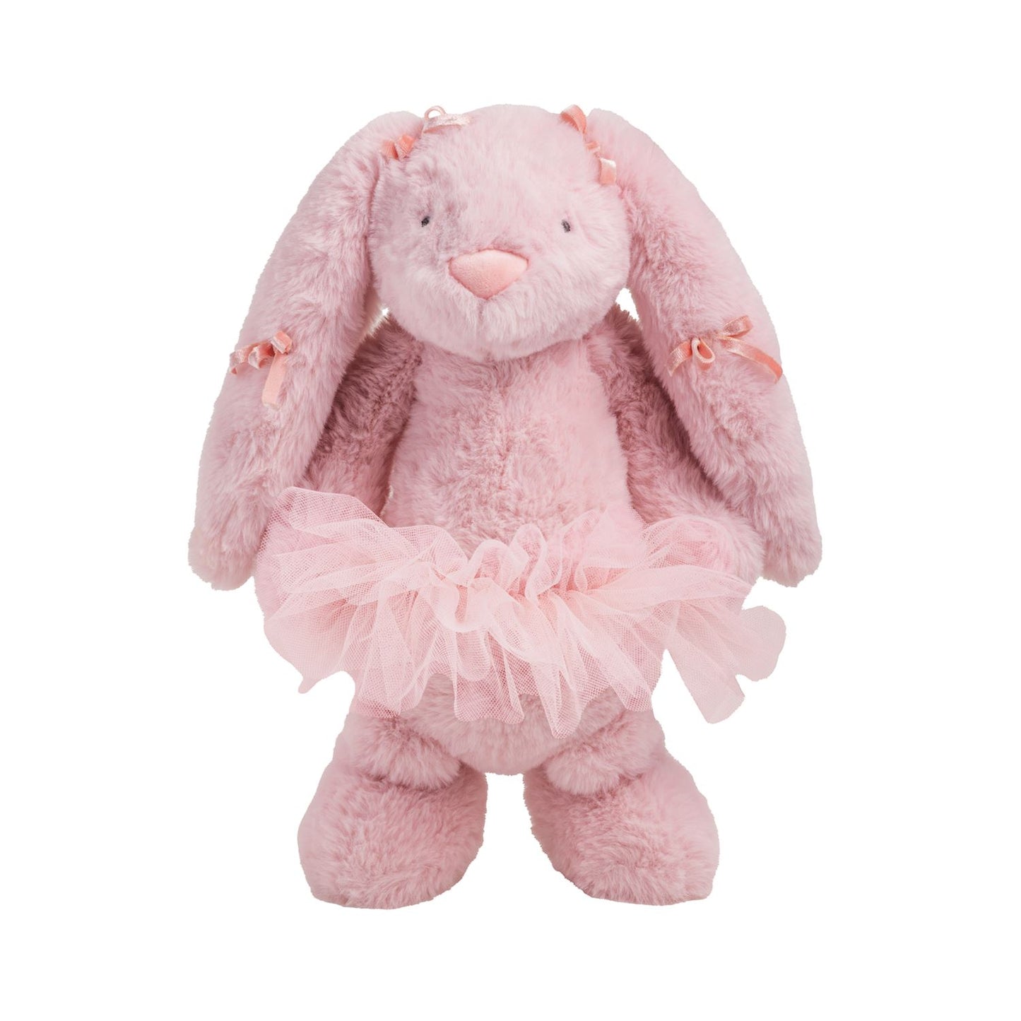 Pink plush bunny with a pink tutu on a white background