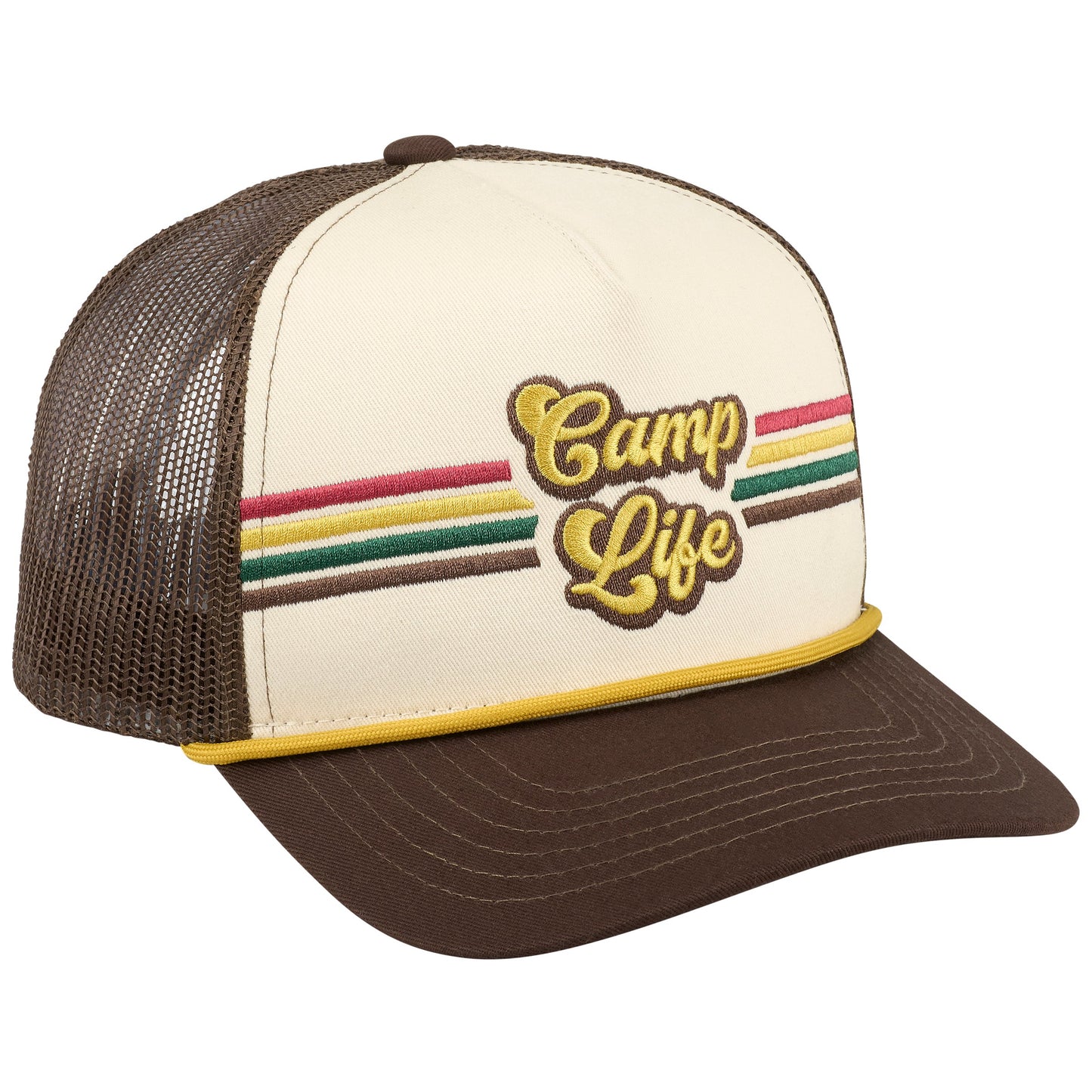 brown and cream Trucker hat with 'Camp Life' text and colorful stripes on a white background