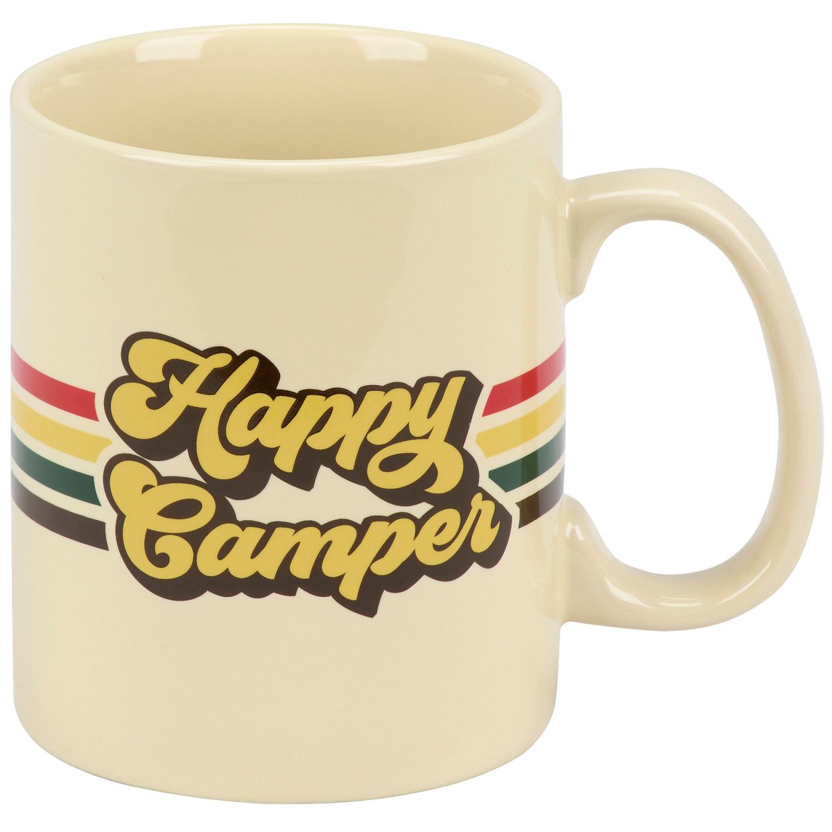 Beige mug with 'Happy Camper' text and colorful stripes on a white background