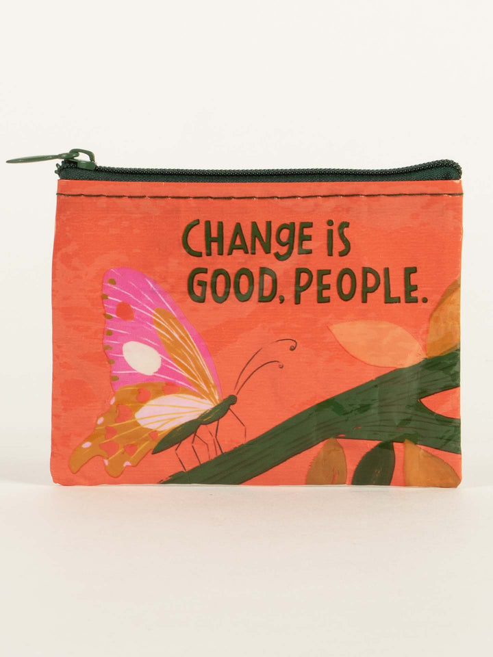 front view of orange Change Is Good Coin Purse with image of a butterfly on branch