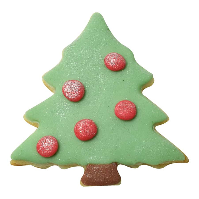 Green Christmas tree-shaped cookie with red decorations on a white background