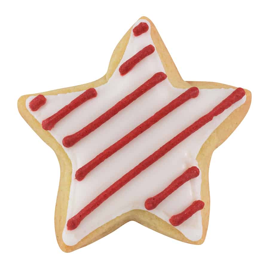 Star-shaped cookie with white icing and red stripes on a white background