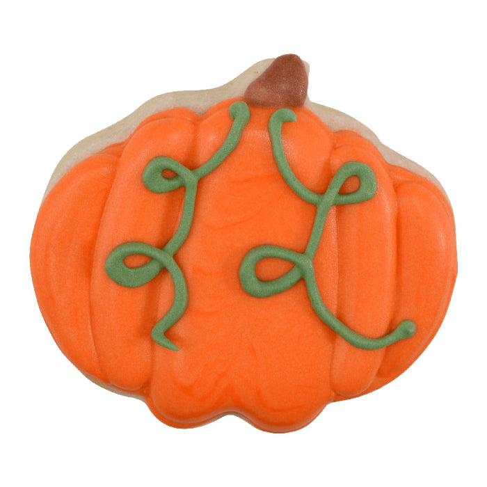 Pumpkin-shaped cookie with green vines on a white background