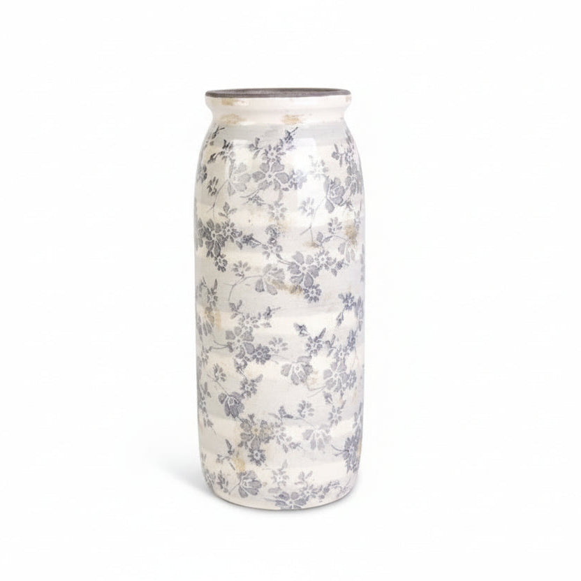 large vase with grey floral pattern on a white background