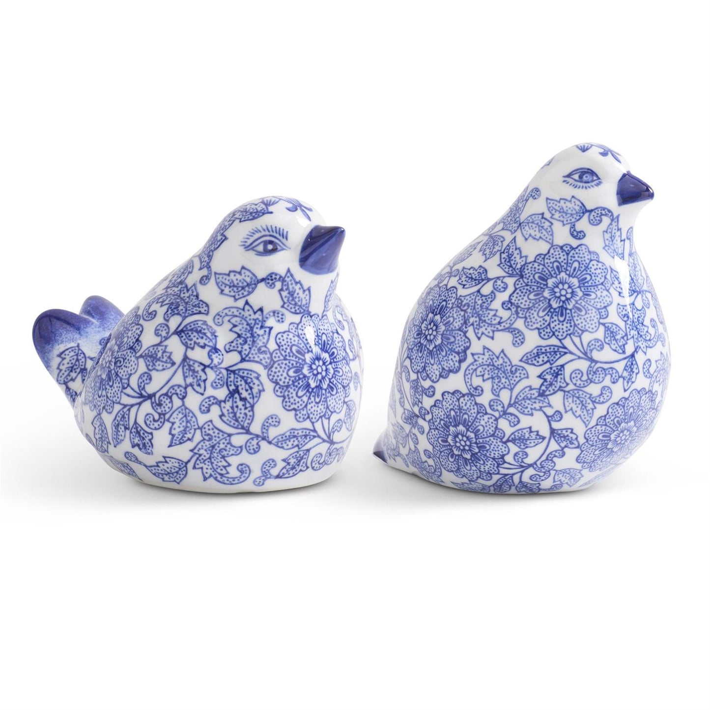 2 styles of blue and white patterned birds on a white background.