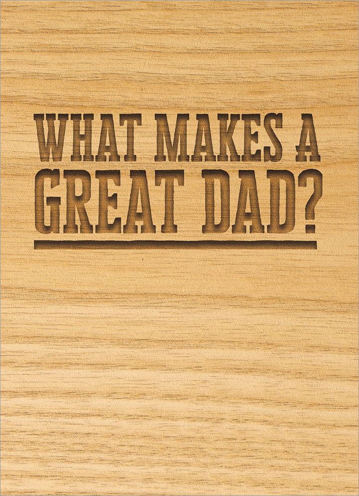 front of card is brown wood grain with engraved lettering