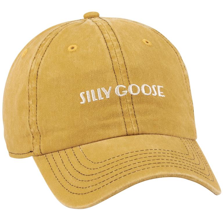 yellow cap with " silly goose" embroidered across the front.