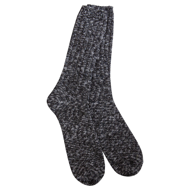 black and grey multi colored speckled socks on a white background