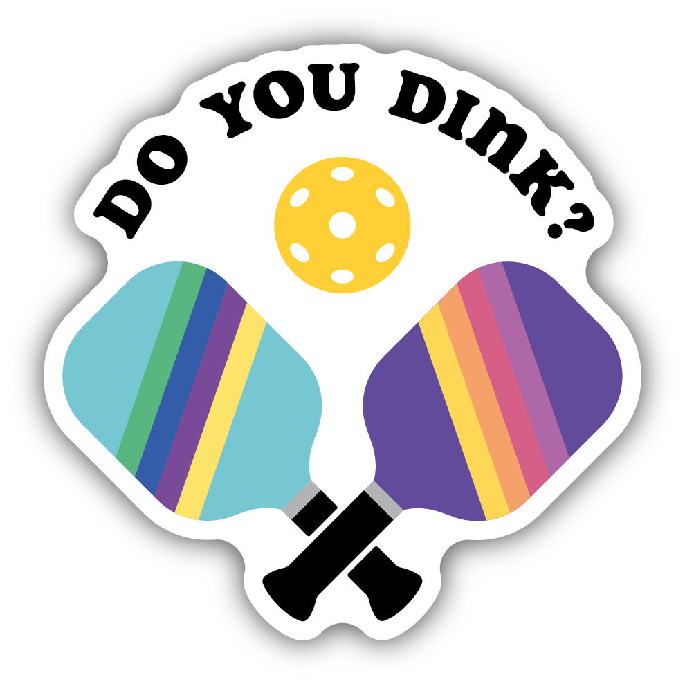 two multicolored crisscrossed pickleball rackets with a yellow pickleball in between them with text: "do you dink?"