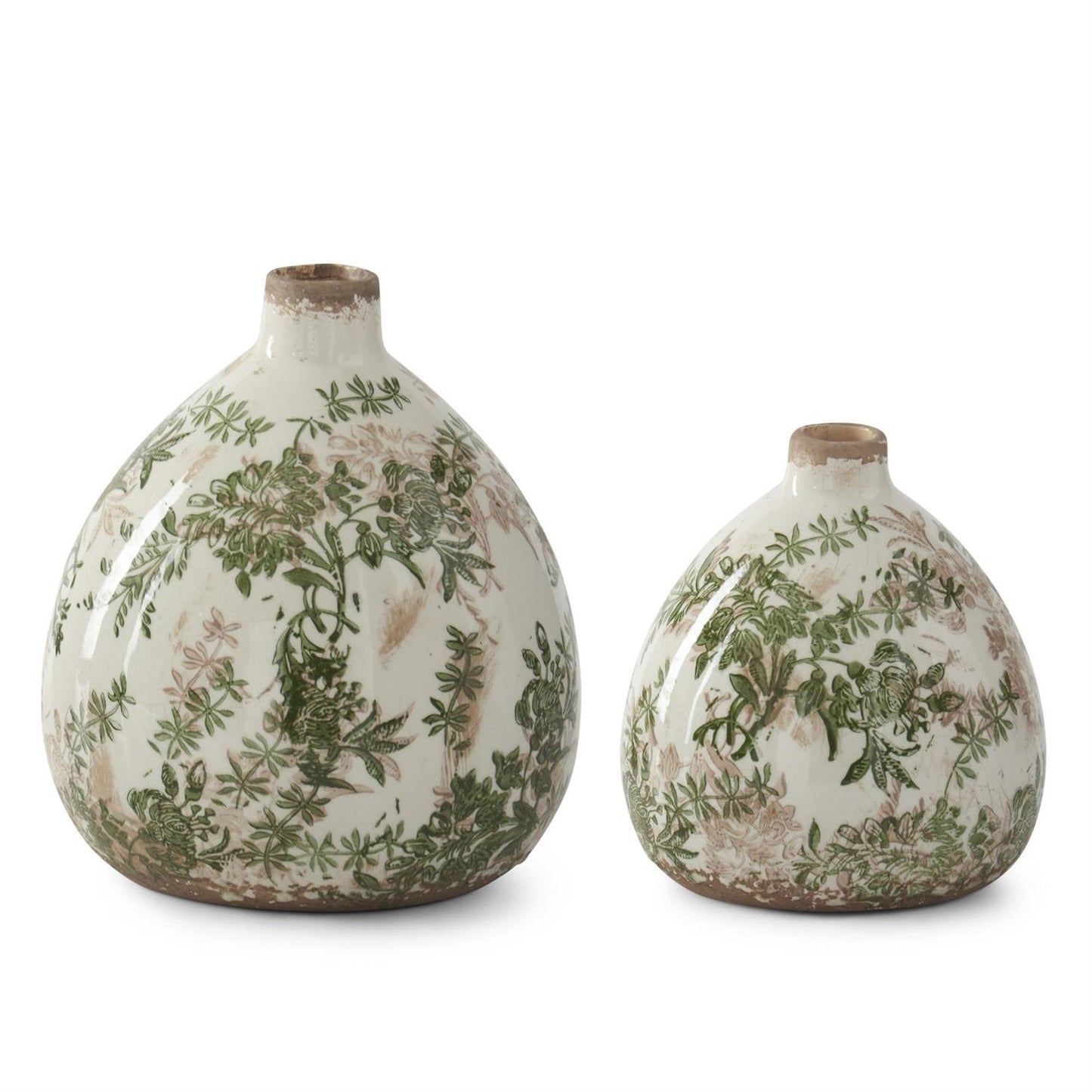 2 different sized distressed vases with green and pale pink flower vines printed on them