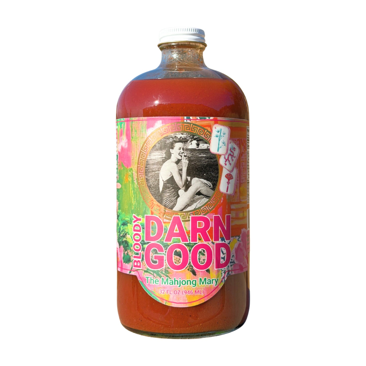 Bottle of Bloody Mary mix with colorful label on a white background