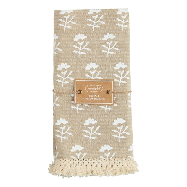 Taupe Block Print Napkins with white floral design