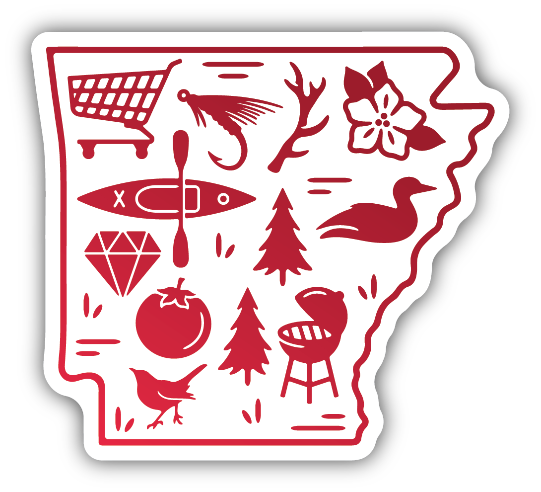 white shape of the state of Arkansas filled with red symbols of Arkansas things like tree and duck