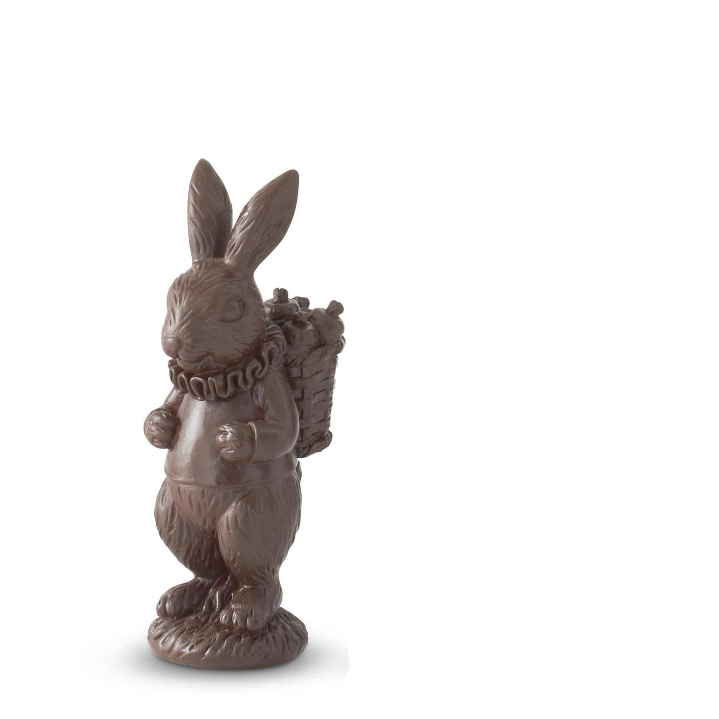 Decorative rabbit figurine with a basket full of carrots on his back on a white background