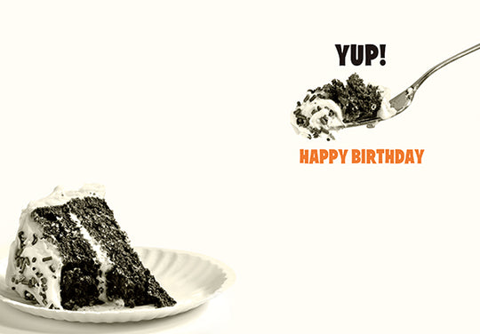 inside view of card has picture of slice of chocolate cake, and a fork with a bite, text in black and orange listed in the description